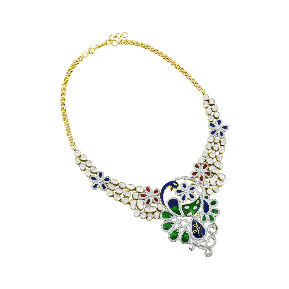Peacock Motif Necklace with Enamel, Polki, and Floral Design